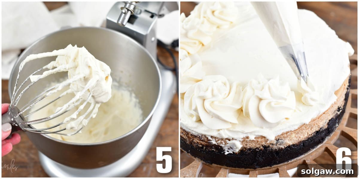 collage of two images of bailey's whipped cream and decorating the cheesecake.