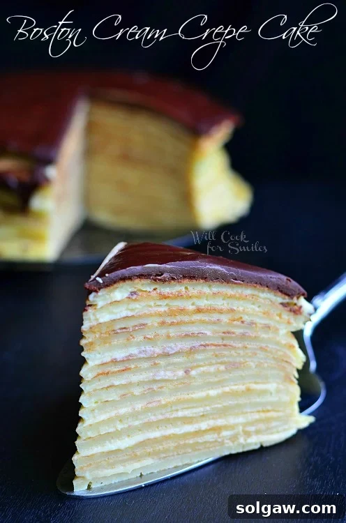 Boston Cream Crepe Cake - layers of delicate crepes with Boston cream filling