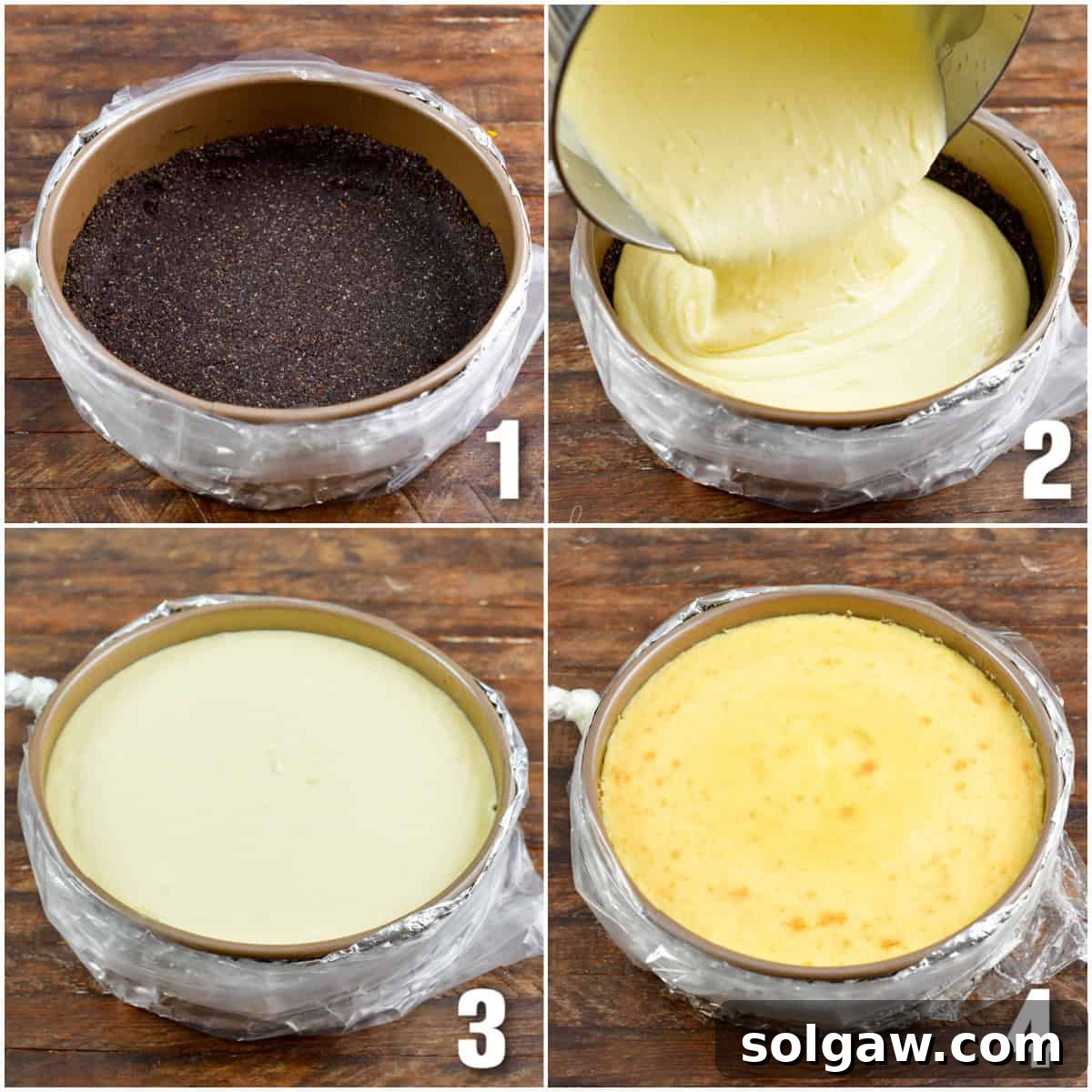 Collage of four images showing the process of adding filling and baking an Almond Joy cheesecake.