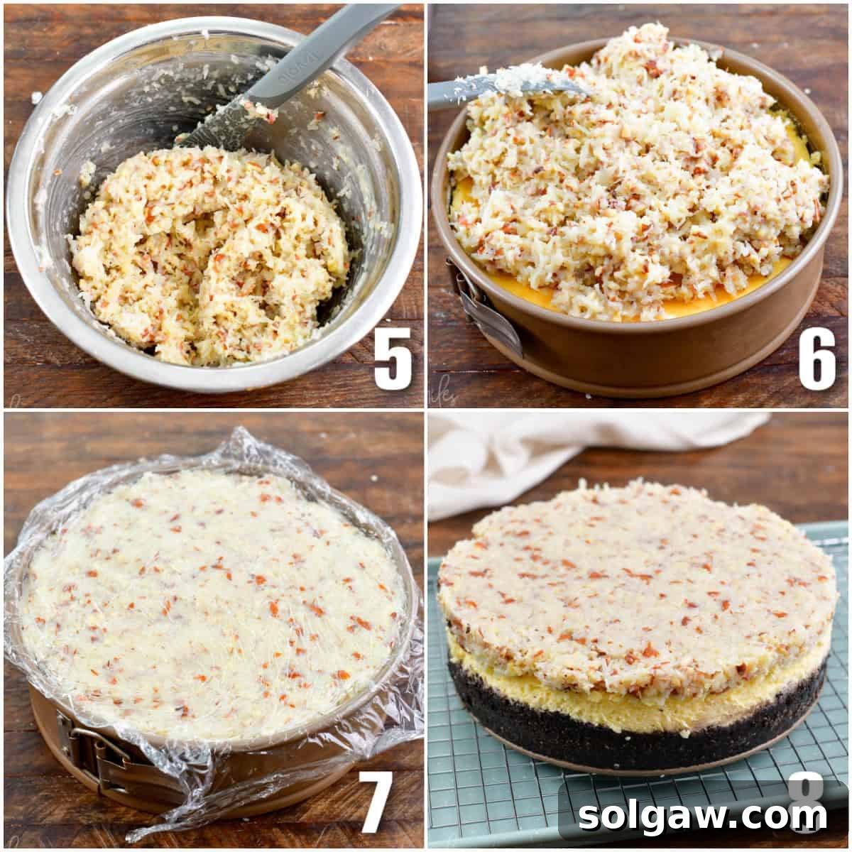 Collage of four images showing the process of making and adding coconut topping to a cheesecake.
