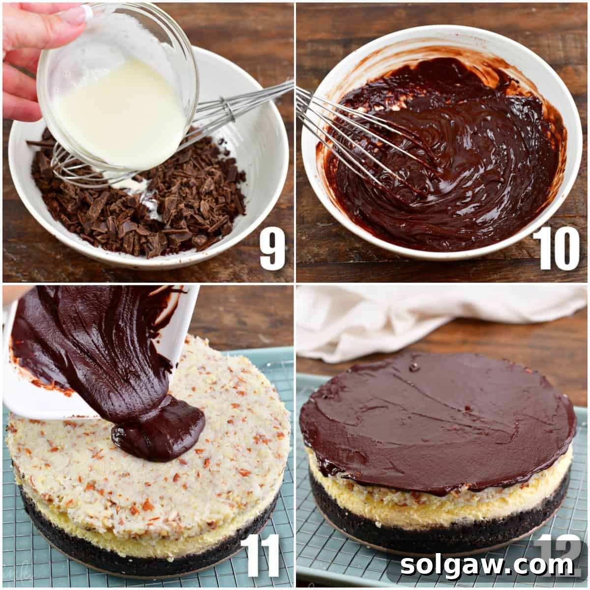 Collage of four images showing chocolate melting, making ganache, and adding it to the cheesecake.
