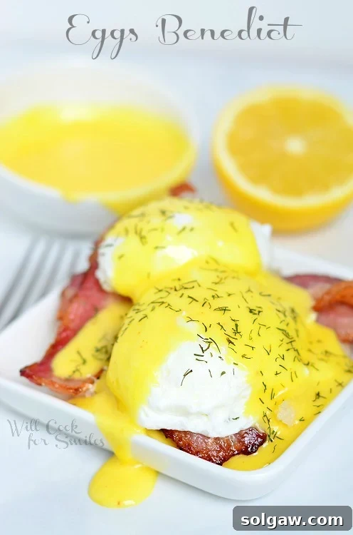 Hollandaise Sauce and Eggs Benedict with a plate
