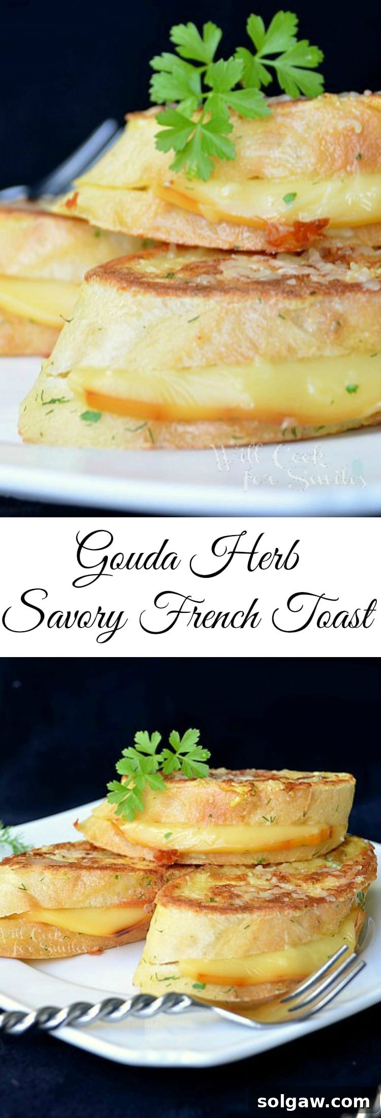 Stacked Gouda Herb Savory French Toast slices on a white plate, garnished with fresh herbs, showcasing a rich golden-brown exterior and melted cheese peeking out.