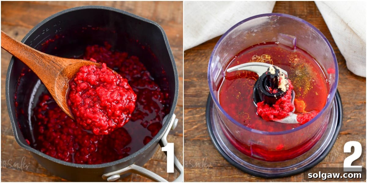 Sweet & Tangy Raspberry Drizzle 4 A collage of two images: one showing fresh raspberries, brown sugar, and lime simmering in a saucepan, and another showing the cooked raspberry mixture and other vinaigrette ingredients in a blender.