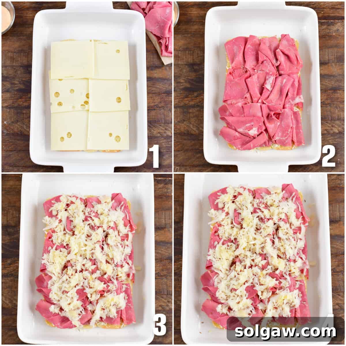 Collage of four images showing the assembly process of Reuben sliders in a baking dish, including layering cheese, corned beef, sauerkraut, and dressing.