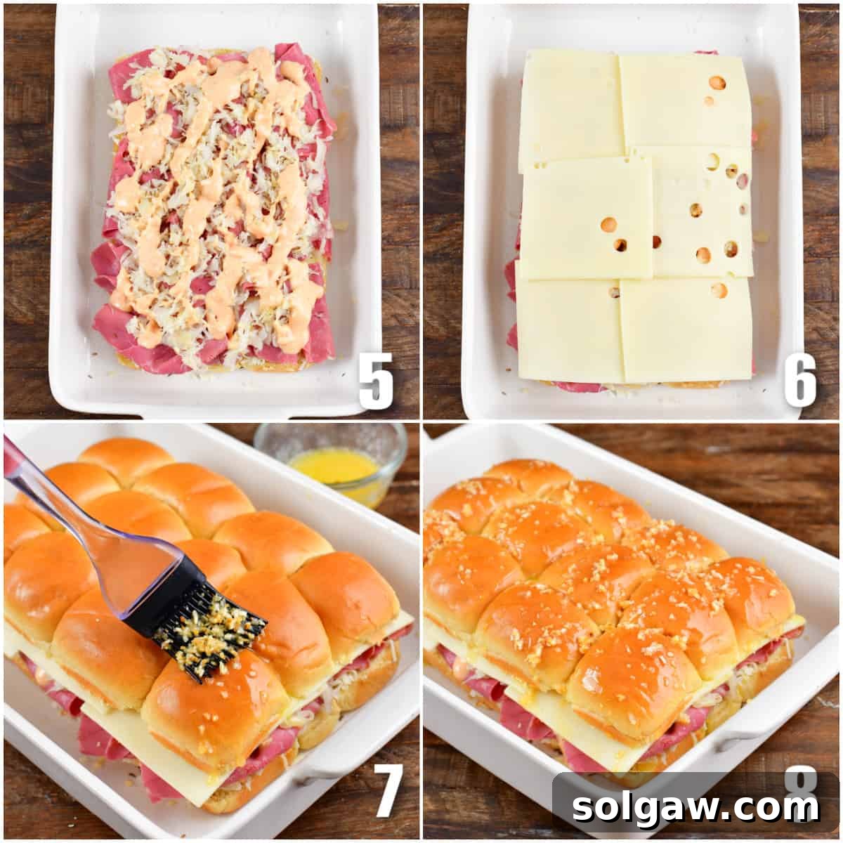 Collage of four images showing the final assembly steps for Reuben sliders in a baking dish, including adding the remaining Swiss cheese, topping with buns, and brushing with the butter mixture.