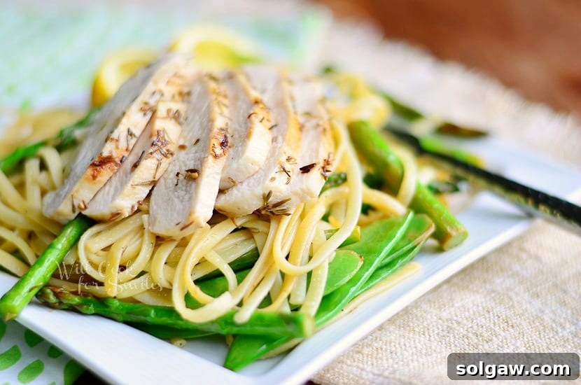 Lemon Herb Linguine with Chicken, Asparagus and Snow Peas