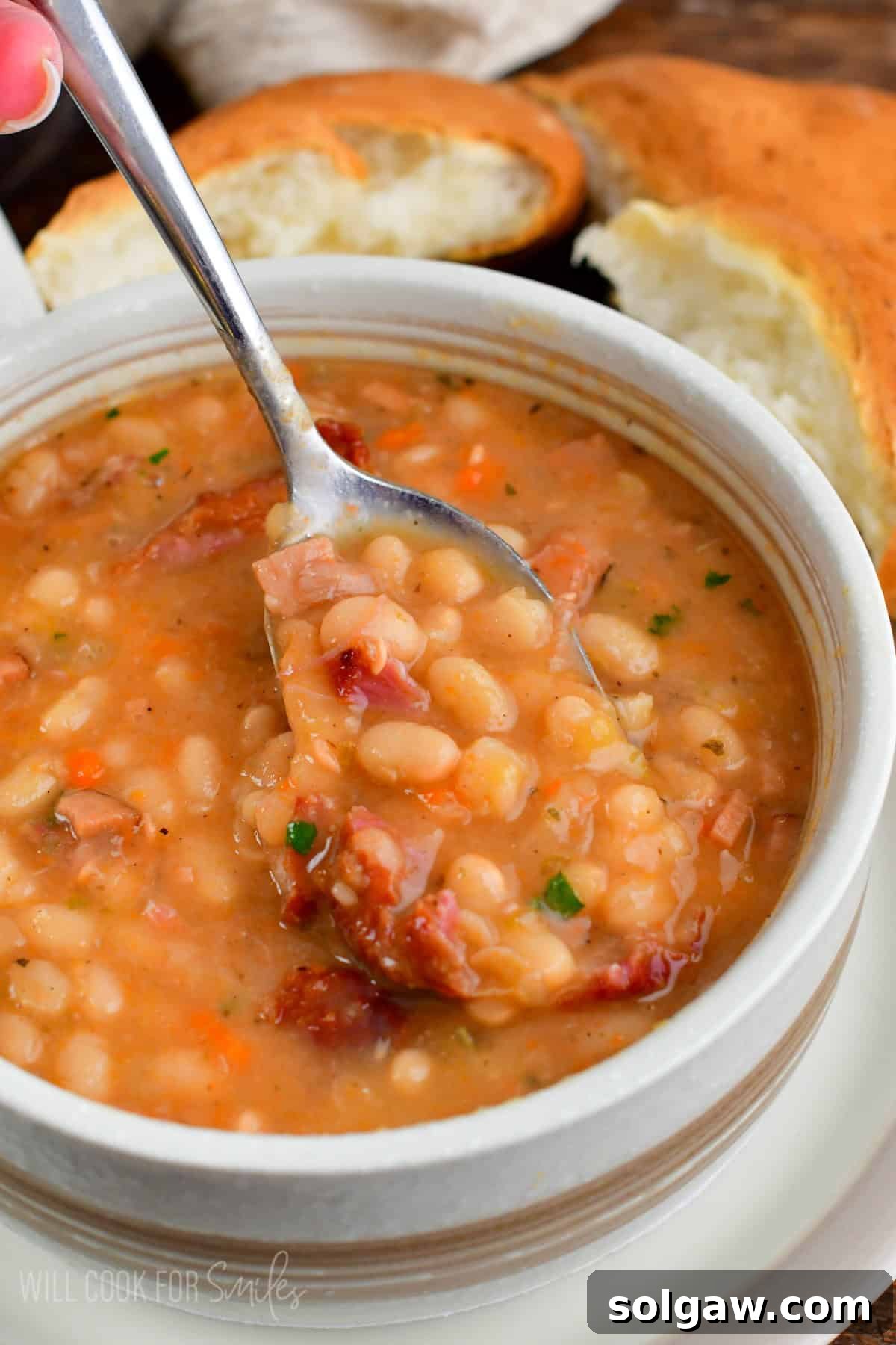 A rustic bowl of homemade ham and bean soup, ready to be enjoyed with a spoon, highlighting its comforting nature and rich texture.
