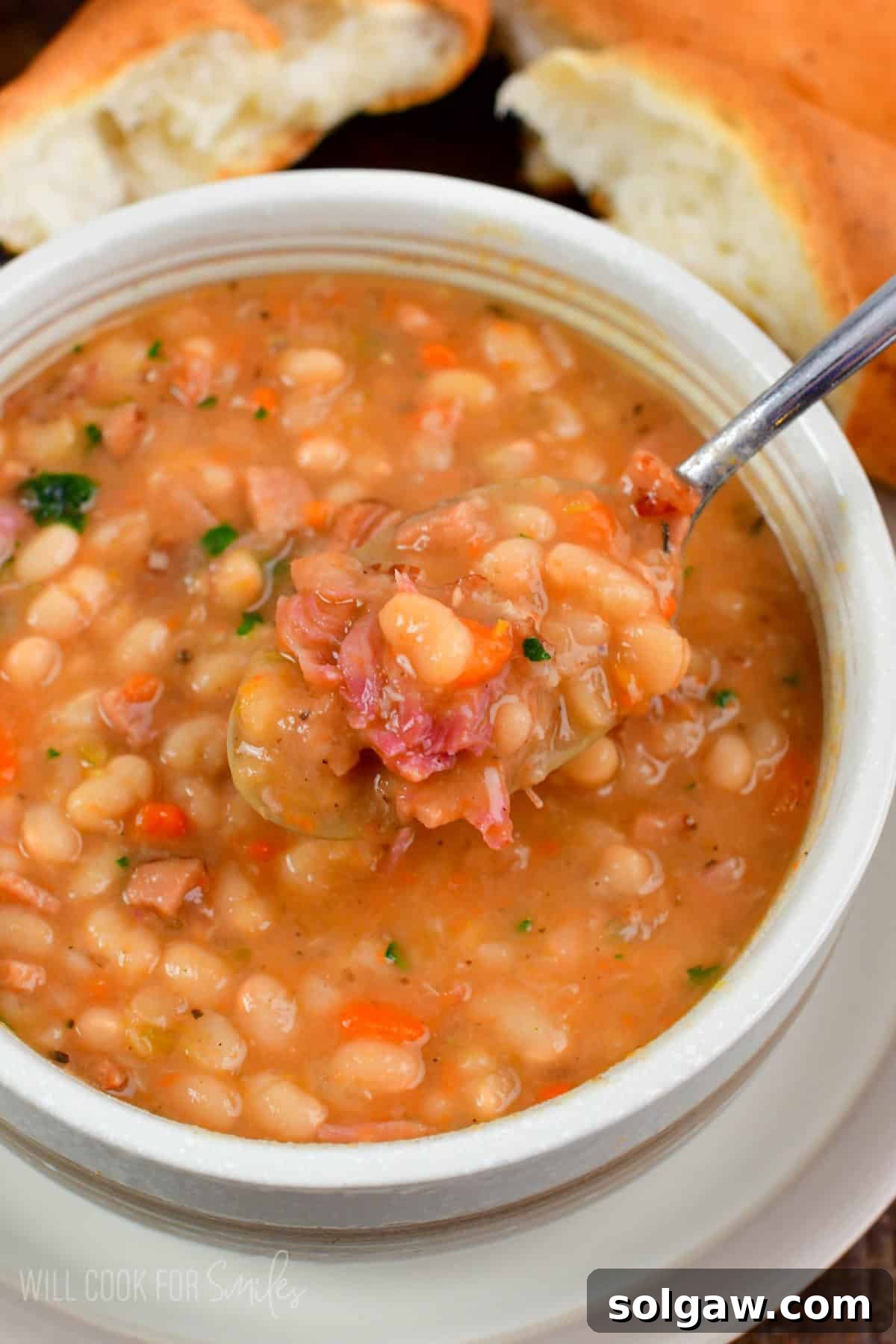 A close-up of a silver spoon scooping rich, homemade ham and bean soup from a light-colored bowl, showcasing its delicious texture.