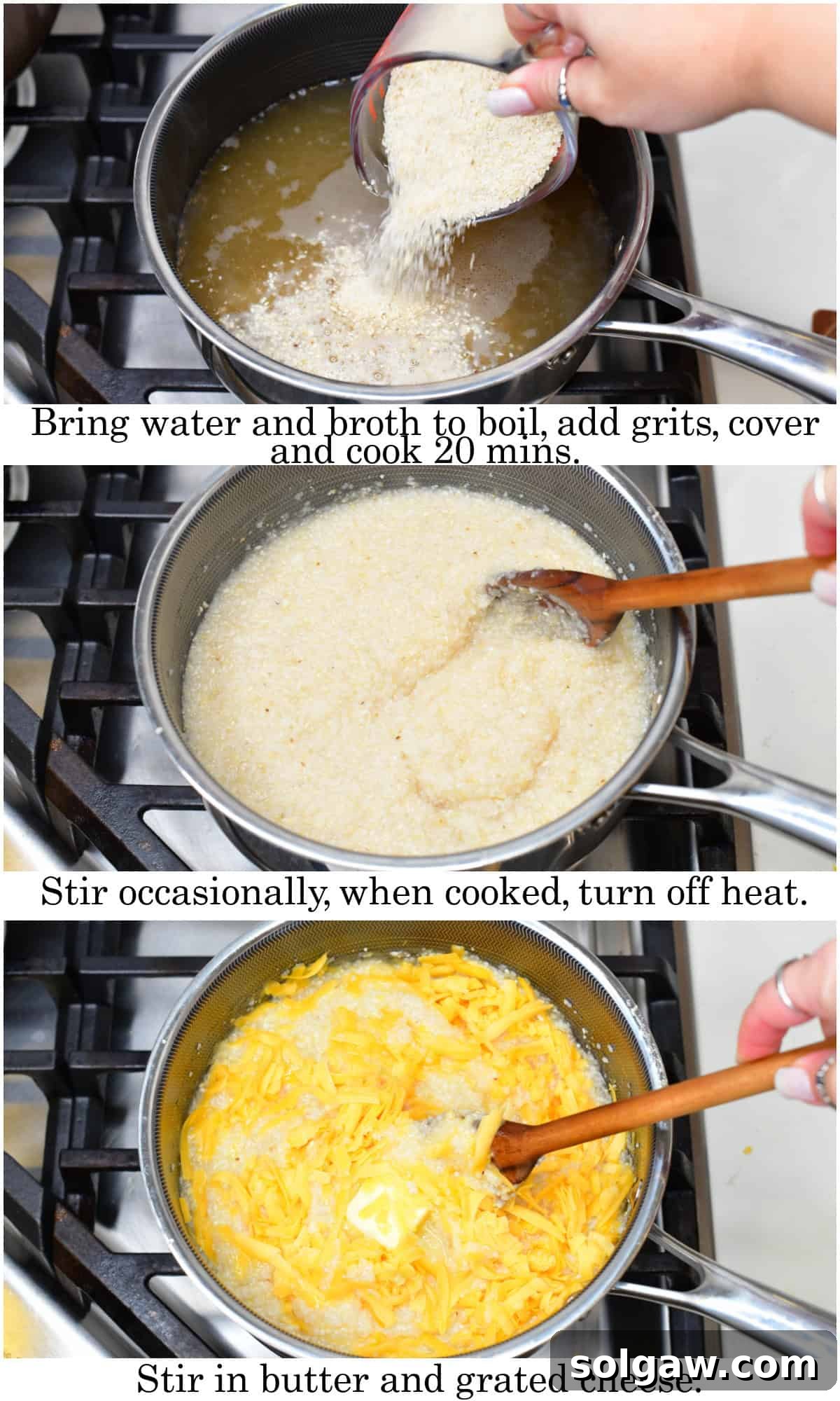 Three-step infographic showing the cooking process of cheese grits: boiling liquid, stirring in grits, and finished creamy grits with melted cheese.