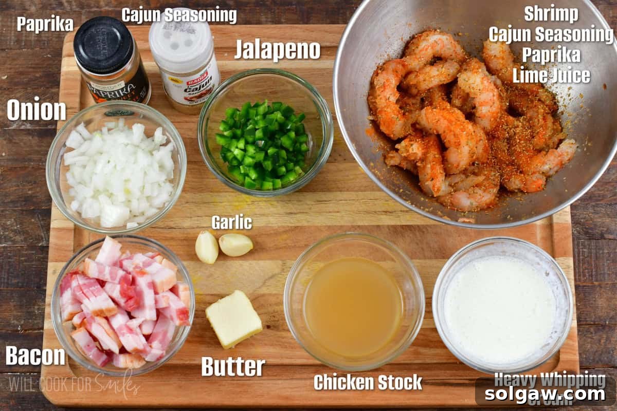 labeled ingredients infographic with ingredients to make Cajun shrimp for shrimp and grits.