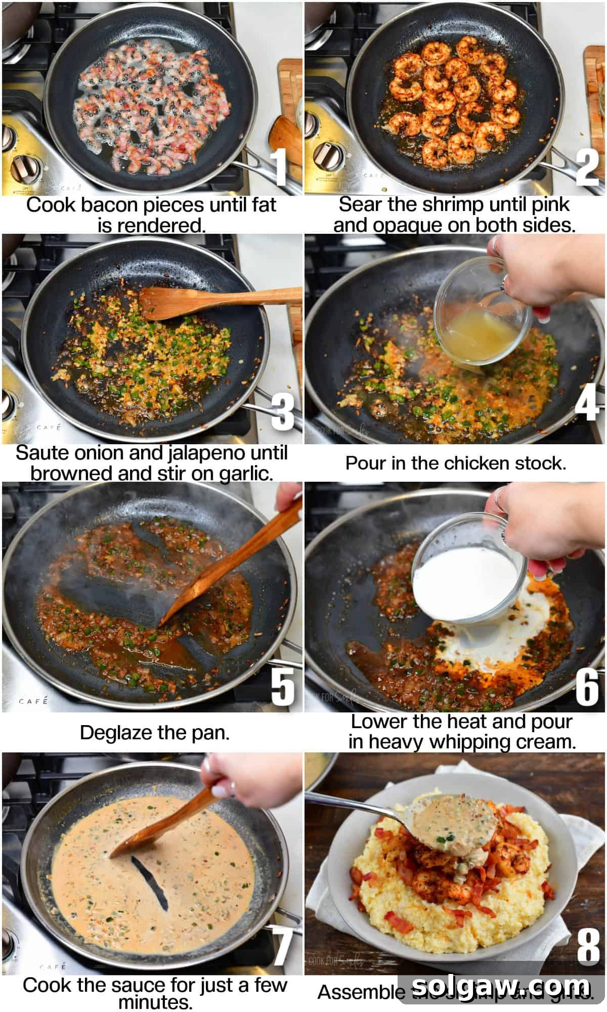 infographic of 8 images with cooking steps to make Cajun shrimp and grits.