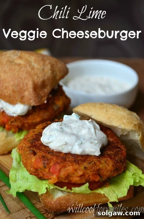 Vibrant Chili Lime Veggie Burger on a bun with a creamy white sauce and fresh cilantro garnish