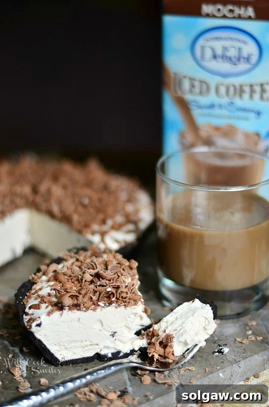 Mocha Ice Cream Pie, a cream pie topped with shaved milk chocolate with some on a fork 