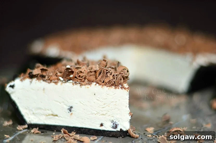 Mocha Ice Cream Pie slice topped with shaved milk chocolate 