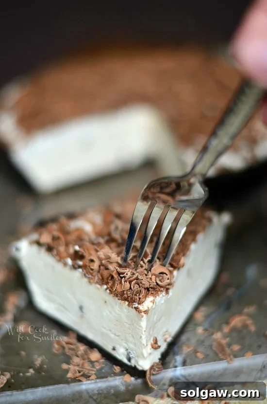 slice of Mocha Ice Cream Pie with a fork cutting into it. 