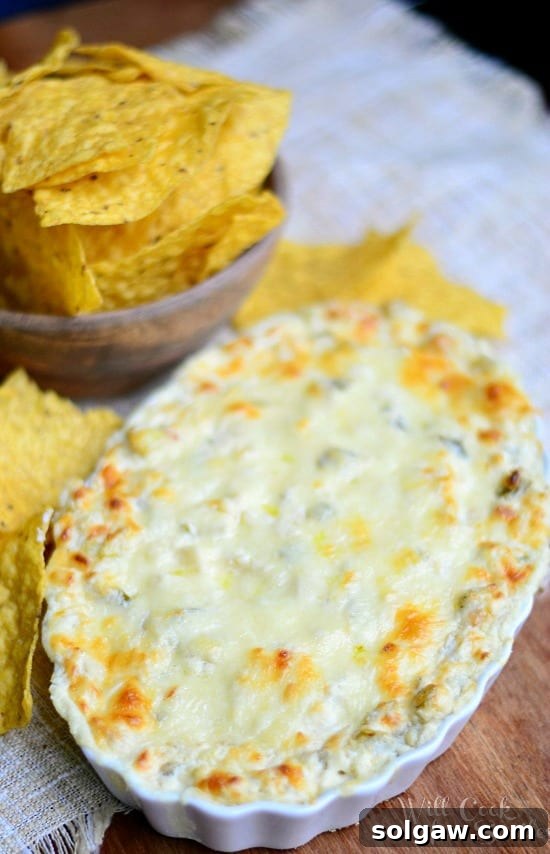 A vibrant, cheesy Chicken Enchilada Verde Dip with a slight golden crust