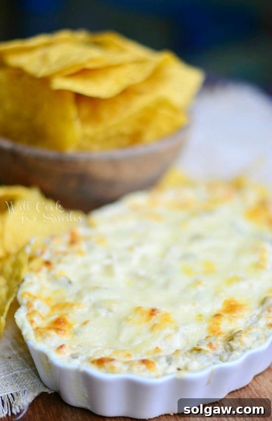 A white casserole dish filled with Chicken Enchilada Verde Dip, garnished with fresh cilantro