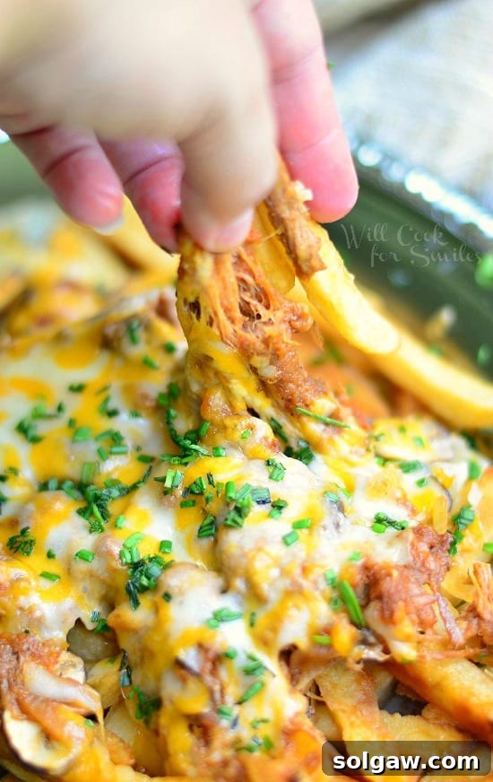 Close-up of a hand picking up a portion of Pulled BBQ Pork Loaded Fries, highlighting the crispy texture and generous toppings.