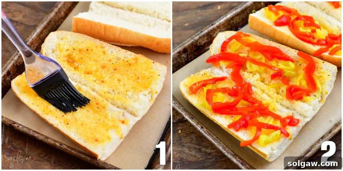 Collage of two images illustrating the process of brushing Italian dressing onto the opened sub bread and then spreading sliced peppers on top.