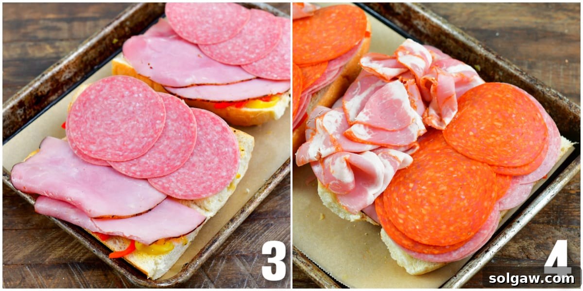Collage of two images demonstrating the careful layering of various deli meats onto the prepared sub rolls, ready for baking.