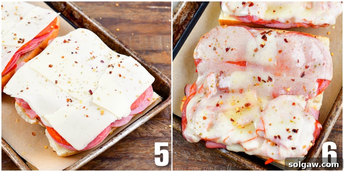 Collage of two images showcasing the final addition of cheese to the sub, followed by the sub baking in the oven until golden brown.