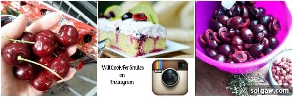 Cherries, cake, and cherries in a bowl collage