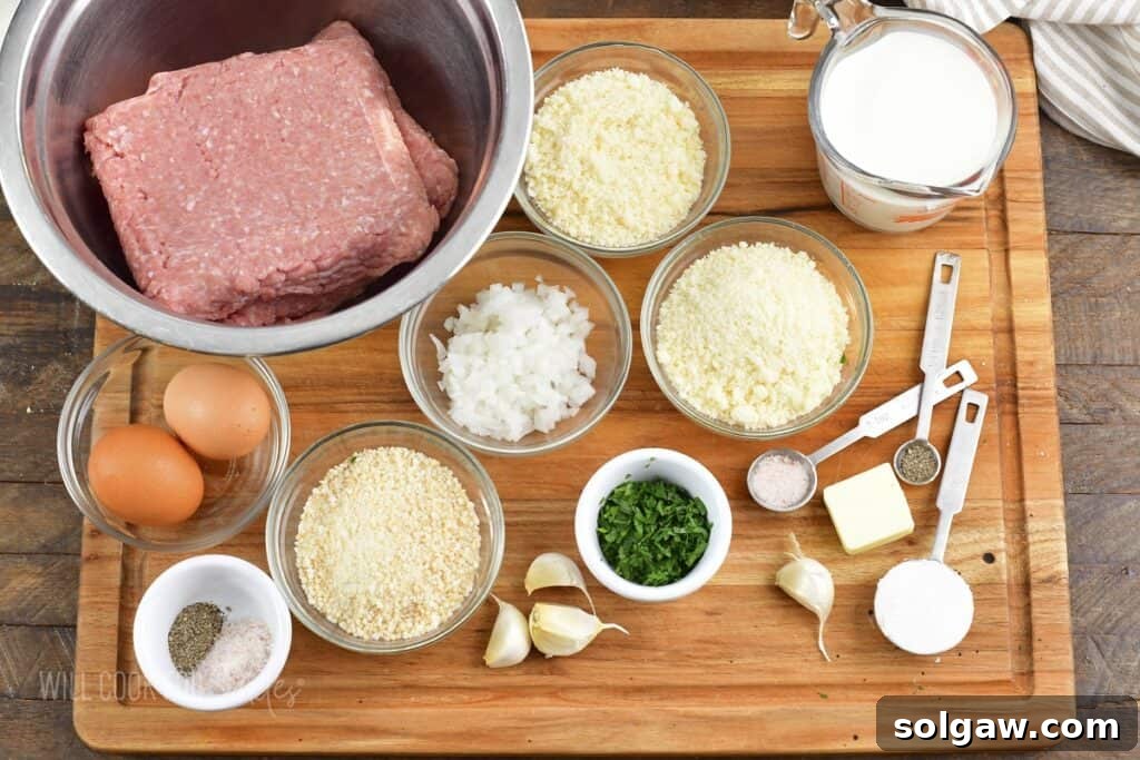 ingredients for turkey meatballs in parmesan sauce on the board.