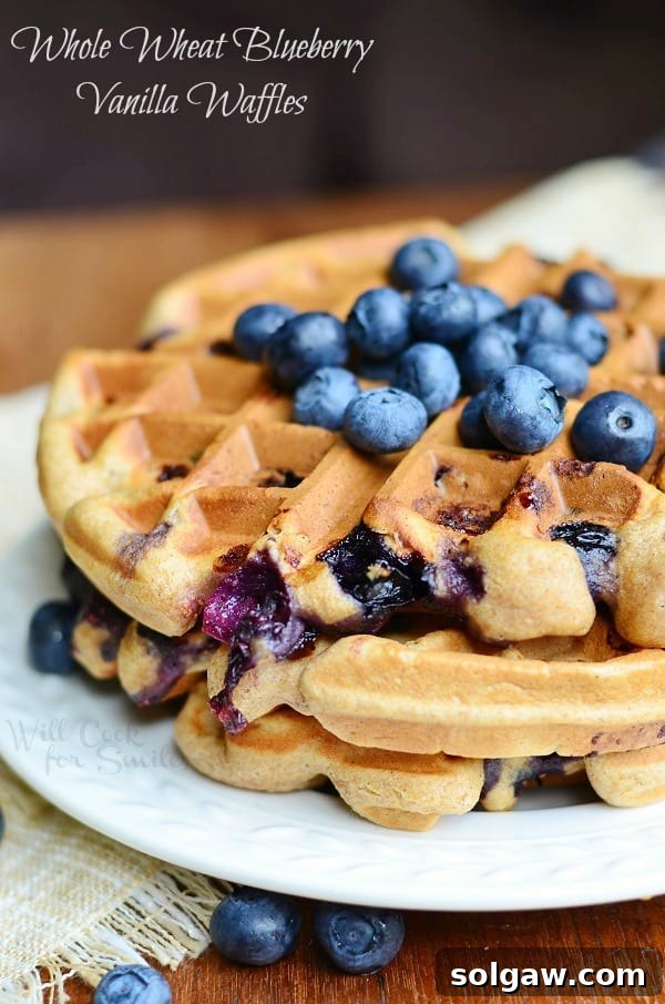 Delicious Whole Wheat Blueberry Vanilla Waffles, perfect for breakfast
