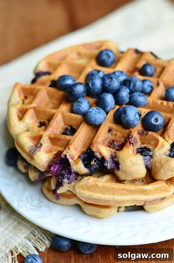 Close-up of golden brown whole wheat blueberry waffles on a white plate