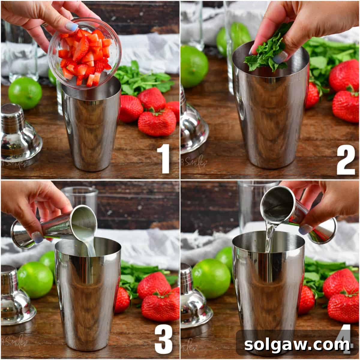 A high-angle shot showing a beautifully crafted strawberry mojito with fresh mint leaves and strawberry slices in a tall glass, garnished elegantly. The colors are vibrant and inviting.