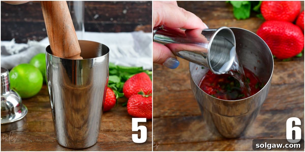 Two glasses with ingredients for strawberry mojito. Lime slices, mint, and strawberry.