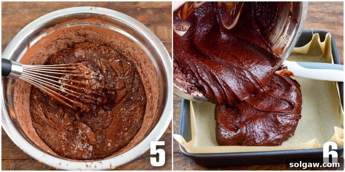 Collage of two images mixing the wet and dry ingredients together with a whisk, pouring the batter into baking dish.