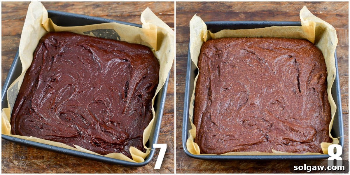 Collage of two images of brownies before and after cooking.