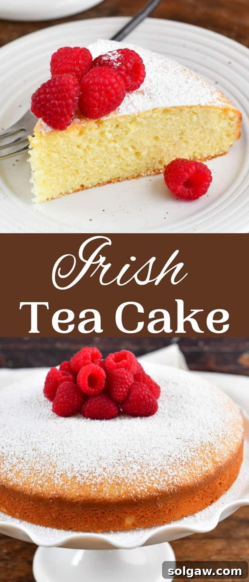 A collage of two images: a whole Irish tea cake with raspberries and a slice on a plate, both showing its soft texture.