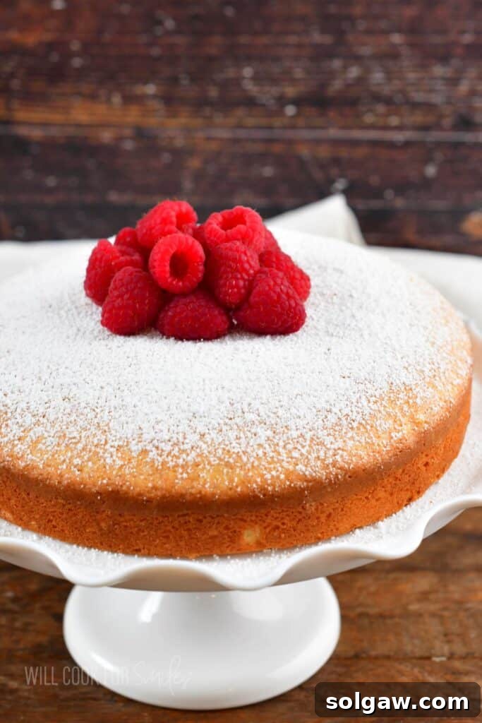 A whole Irish tea cake on a white cake stand, adorned with fresh raspberries and powdered sugar.