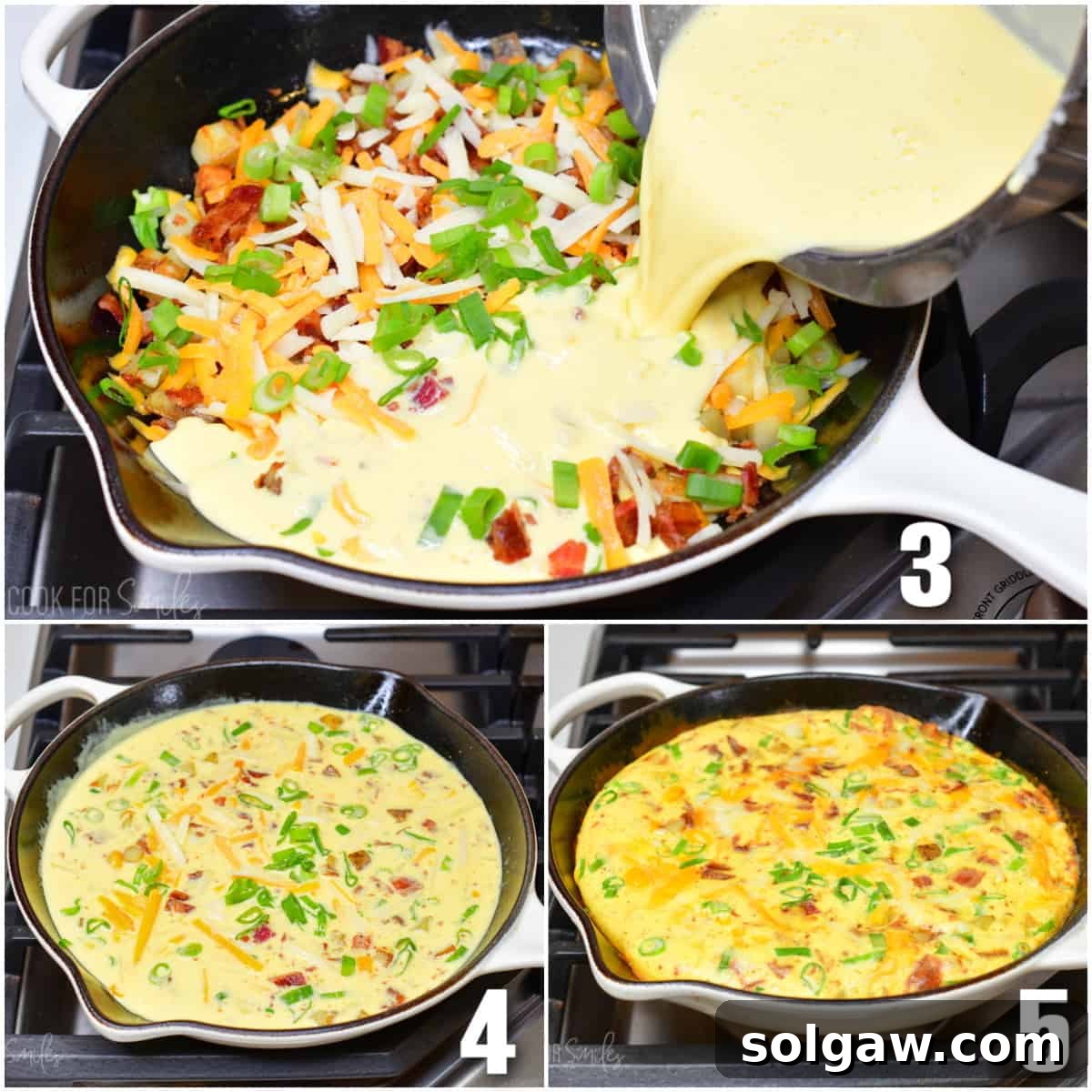 Ultimate Breakfast Potato Skillet 5 A visual guide showing the process of pouring the egg mixture into the skillet, followed by before and after images of the baked breakfast skillet in the oven.