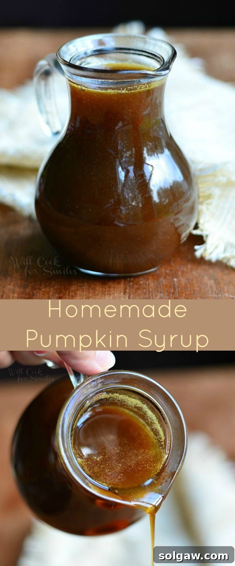 A close-up shot of a single jar of Homemade Pumpkin Syrup, glistening with warmth, set against a rustic background for a cozy fall vibe.