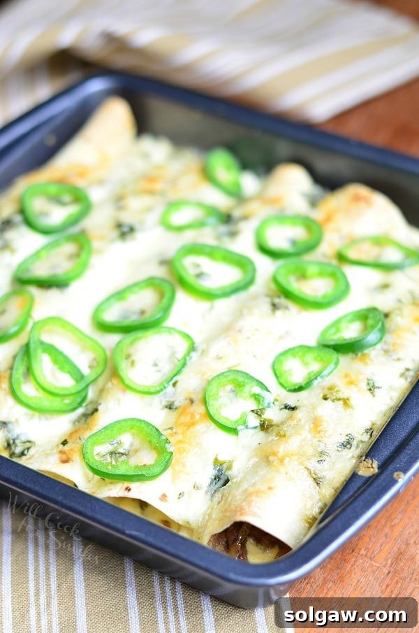 Creamy Jalapeño-Cilantro Steak Enchiladas 2 Steak Enchiladas are a perfect choice for a flavorful and satisfying dinner.
