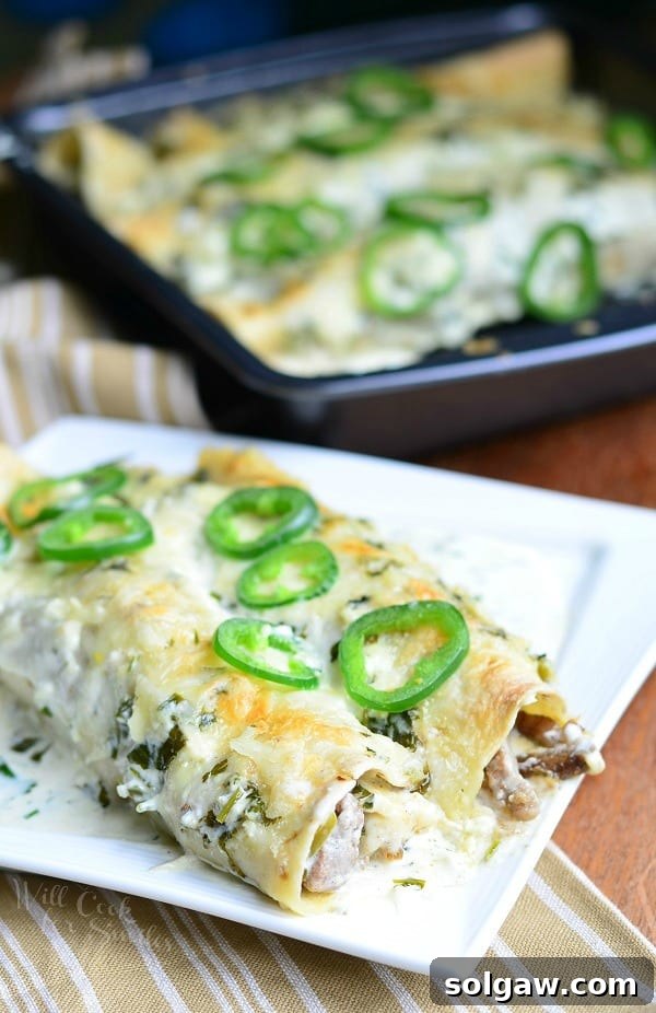 Creamy Jalapeño-Cilantro Steak Enchiladas 5 The creamy Jalapeño Cilantro sauce simmering to perfection.