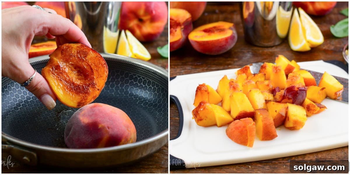 Collage of two images of peaches cooking in a pan and then the peaches cut into pieces on a cutting board.
