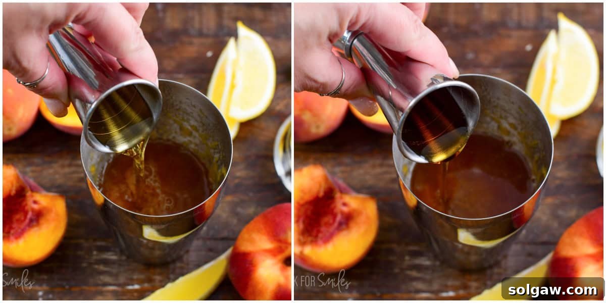 Collage of two images pouring bourbon and maple into the shaker.