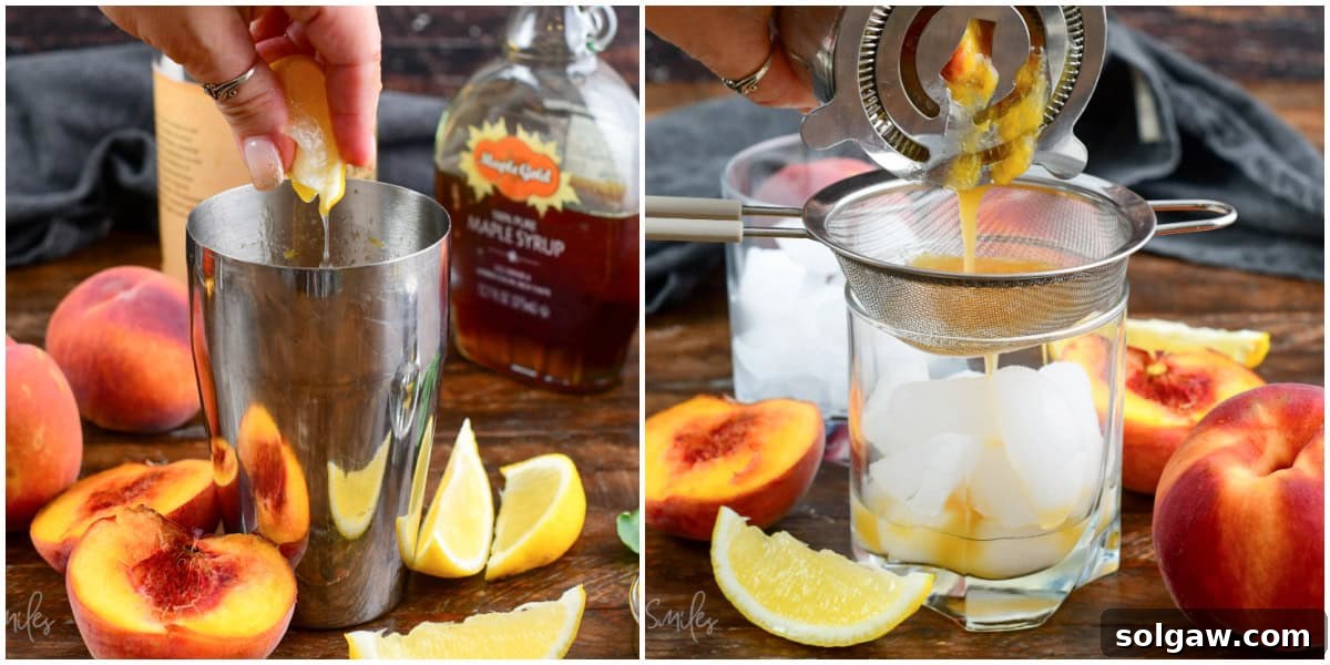 Collage of two images of squeezing the juice from a lemon into the shaker and straining the shaker into a glass.