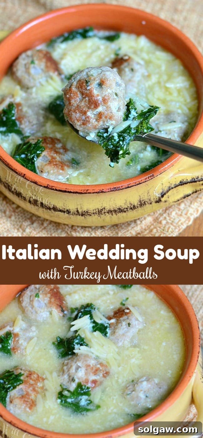 Hearty Italian Wedding Soup with Turkey Meatballs and Orzo 7 A beautifully presented bowl of Italian Wedding Soup, rich with turkey meatballs, healthy kale, and pasta, ready to be enjoyed.