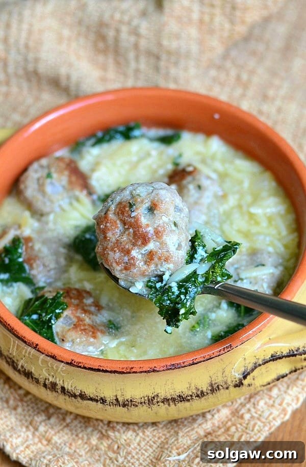 Close-up of Italian Wedding Soup in a bowl, showcasing the turkey meatballs, green kale, and small orzo pasta bathed in a savory broth.