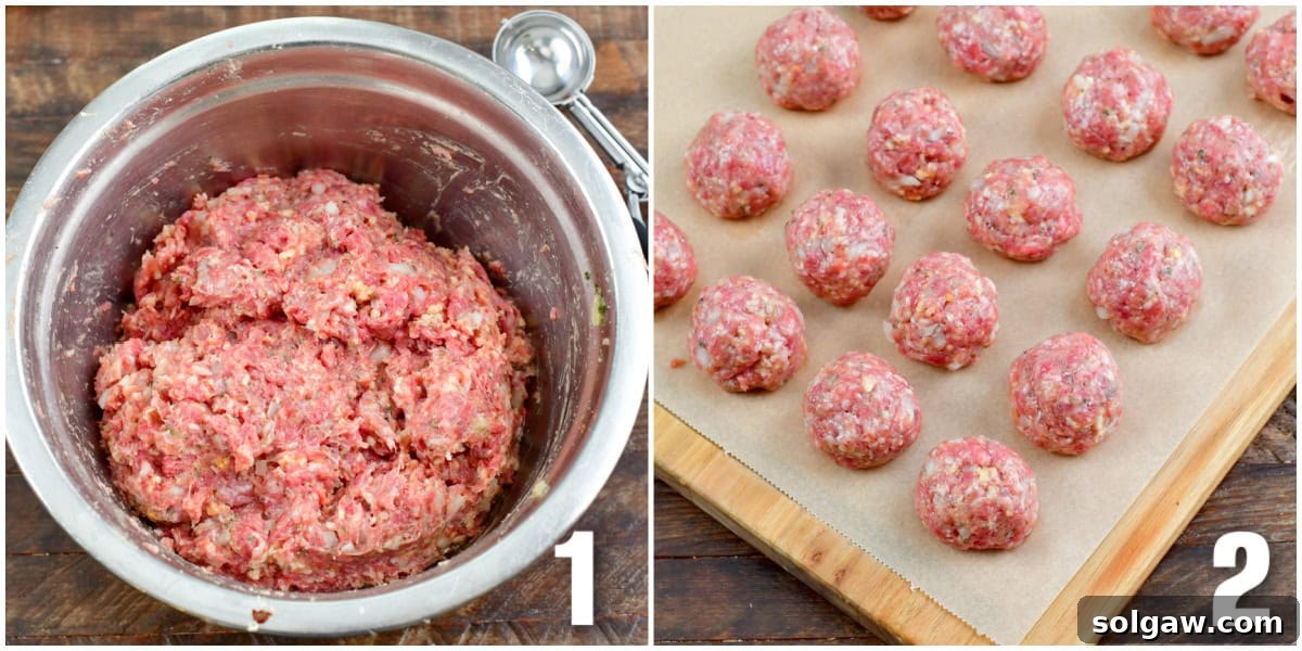 collage of two images of meatball mixture in a bowl and rolled meatballs.
