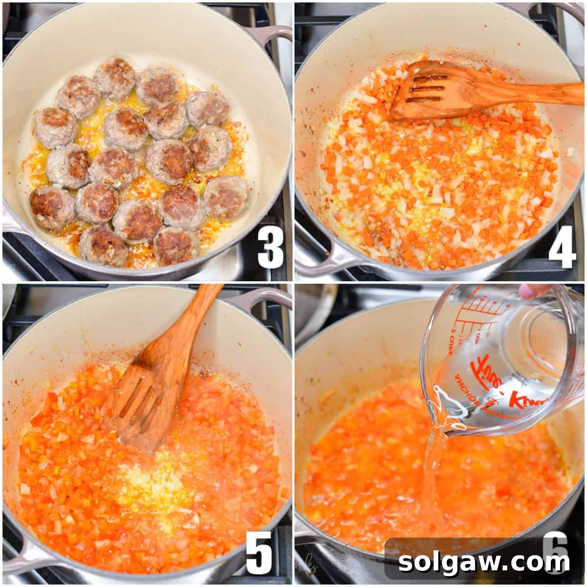 collage of four images of cooking meatballs and cooking veggies in a pot.