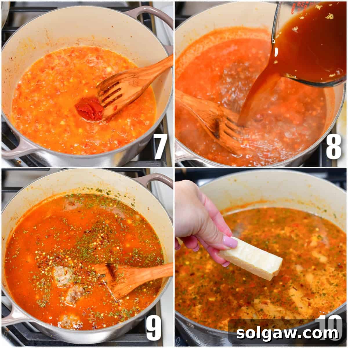 collage of four images of cooking soup by adding broth, meatballs, seasoning and parmesan rind.