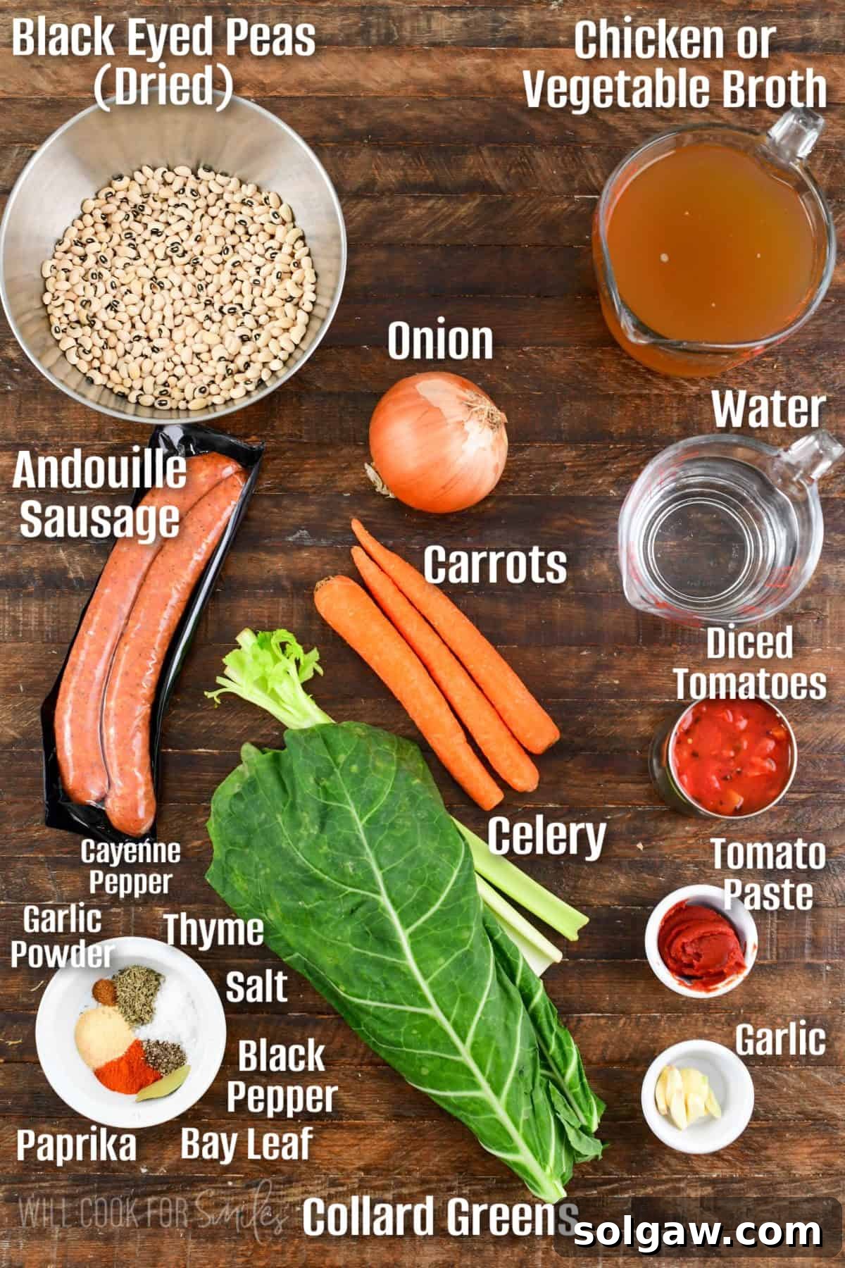All the essential ingredients for Southern black-eyed pea soup, neatly measured and arranged on a rustic wooden background, ready for cooking. Includes dried peas, sausage, and fresh vegetables.