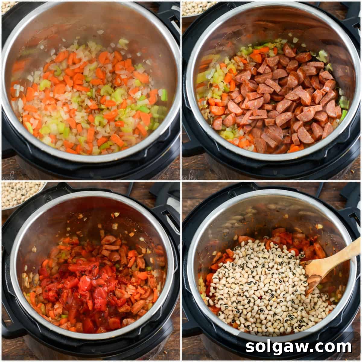 A four-panel collage illustrating the initial cooking steps: sautéing diced onions, carrots, and celery, then adding spicy andouille sausage, fire-roasted tomatoes, and dried black-eyed peas to the Instant Pot.